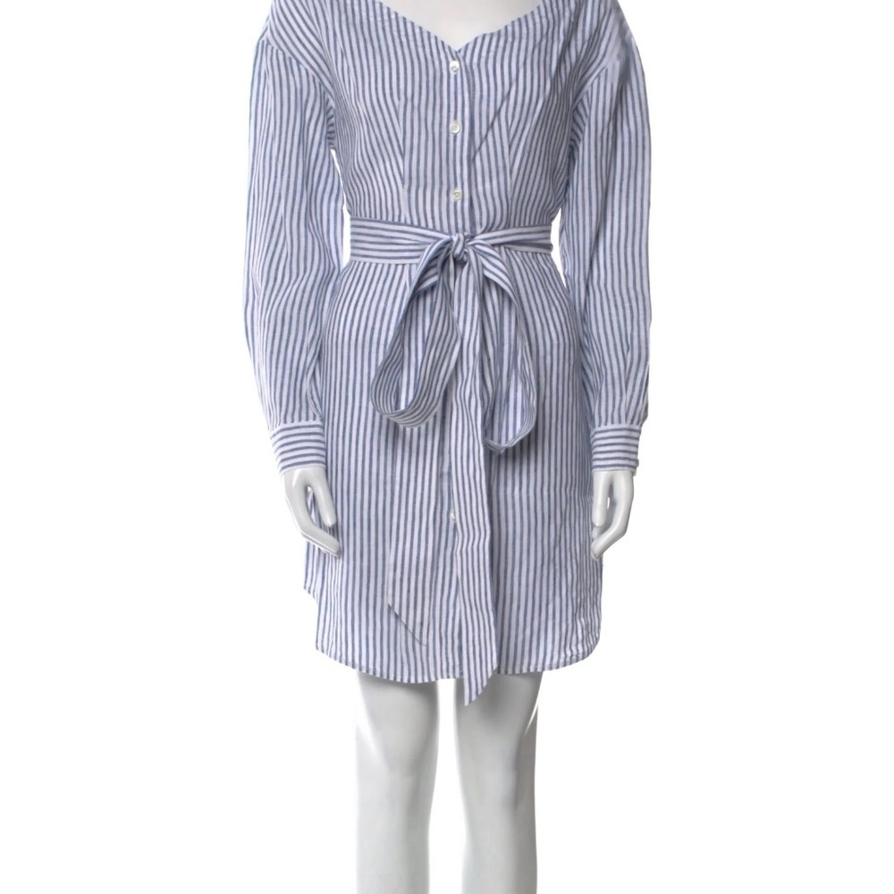 FRAME Denim Linen Blue & White Striped Long Sleeve Shirt Dress w/Tie Waist Sz M